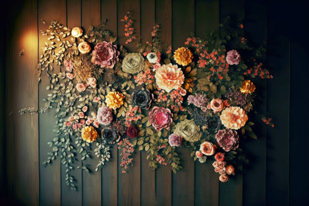 beautiful three-dimensional panel in form of abstract floral pattern on wooden wallの写真素材