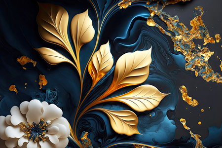 dark blue background with abstract floral pattern of white flower with golden leavesの写真素材