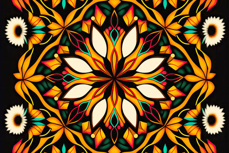 abstract floral pattern of bright multi-colored shapes of flowers and leaves