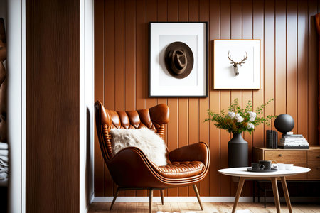 brown leather chair on thin wooden legsの写真素材