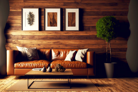 brown leather chair near wooden wall with paintings and plant in cornerの写真素材
