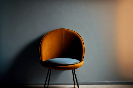 small brown leather chair with back standing near wallの写真素材