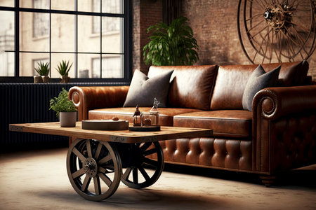 stylish vintage table on wheels next to brown leather chairの写真素材