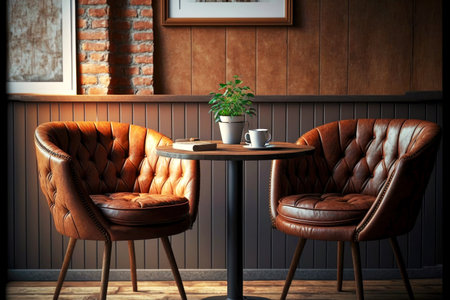 brown leather chair with wooden legs and table with pot with green plant