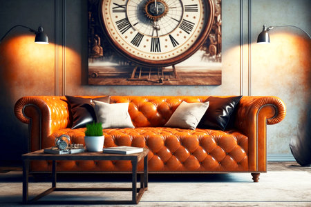 bright red brown leather chair in interior of living room with furnitureの写真素材