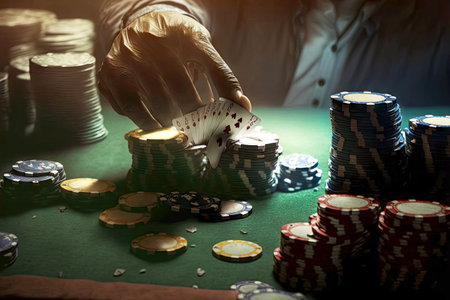 hands croupiers laying out cards on table and stacks of casino chipsの写真素材