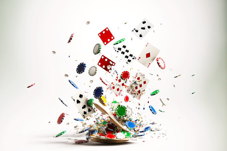 playing cards and colored casino chips are scattered on white background