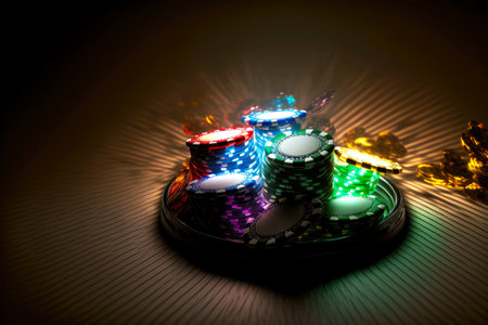 Many stacks of casino chips on table with light highlights around