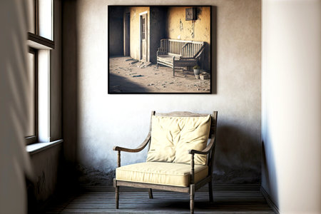 old beige colored armchair on concrete wall backgroundの写真素材