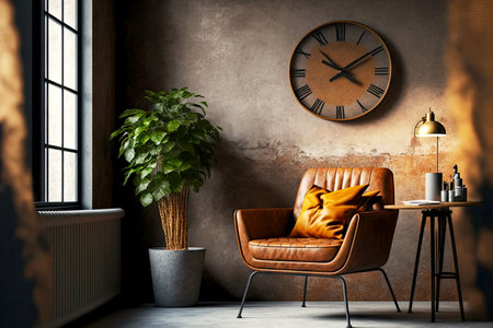 leather brown colored armchair on concrete wall background and window with plant next to itの写真素材