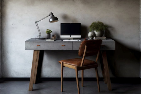 work desk with monitor and colored armchair on concrete wall backgroundの写真素材