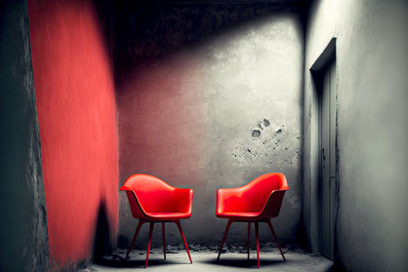 red colored armchair on concrete wall background with doorの写真素材