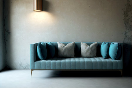 grey green soft comfortable colored armchair on concrete wall backgroundの写真素材