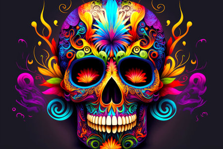 pattern of multi-colored flowers and shapes on colored skull with flowersの写真素材