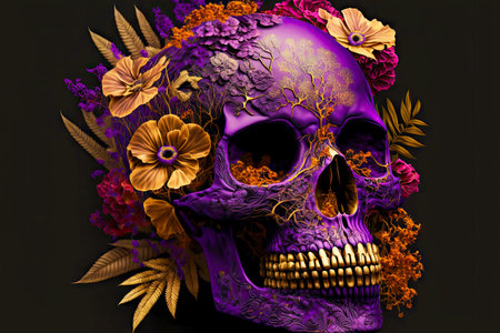 bright purple colored skull with flowers covered with petals and leavesの写真素材