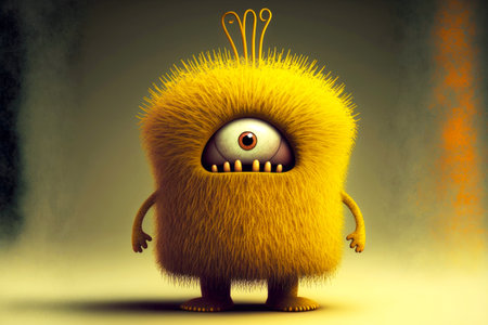 bright yellow cute little furry monster with teethの写真素材
