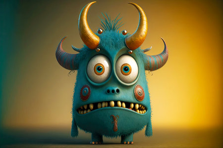 yellow green cute little furry monster with funny hornsの写真素材