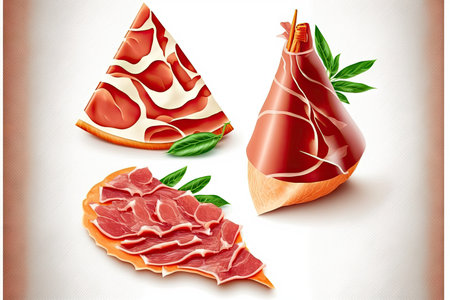Traditional options for dishes with ham prosciutto crudo isolated on white backgroundの写真素材