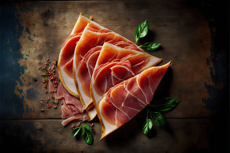 Appetizer slicing prosciutto crudo with herbs on wooden tableの写真素材