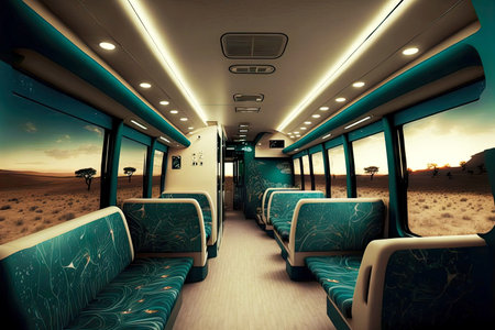Dark train interior car with green seats and LED lighting