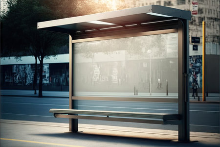 public transport stop with blank lightbox mockup at dawnの写真素材