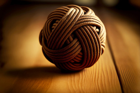 knot ball of thread on wooden table close-upの写真素材