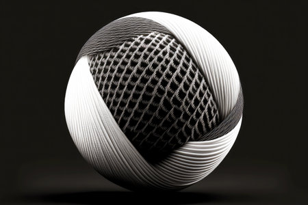 black white geometric pattern of ball of thread isolated on black background