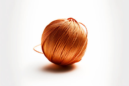 copper ball of thread hanging down on white backgroundの写真素材