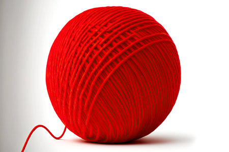 red ball of thread tied into circle isolated on white backgroundの写真素材