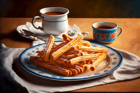 thin hot crispy churros with sugar on plateの写真素材