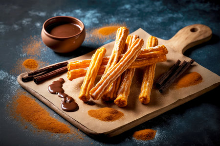 appetizing crispy churros sticks with sugar glaze for dessertの写真素材