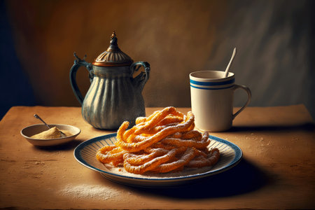 churros with crispy crust and sugar on plate in restaurantの写真素材