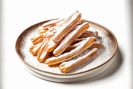 traditional sweet dessert from spain fried churros with powdered sugar on serving plateの写真素材