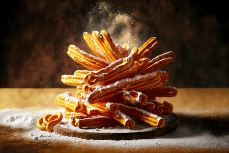 delicious golden crispy churros decorated with powdered sugarの写真素材