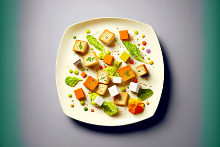 croutons pieces on small plate to decorate fresh saladの写真素材