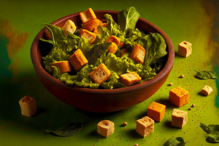 homemade croutons for salads and delicate sauces on dark-olive green backgroundの写真素材