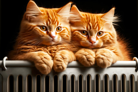 adorable cute kitten on heating radiator lies and warms his paws