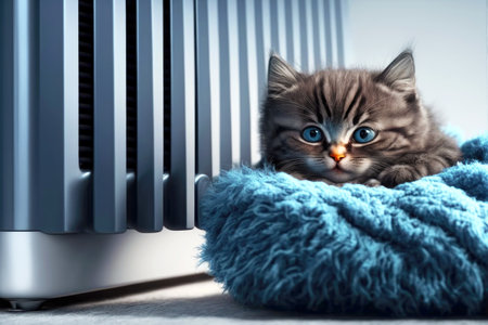 the cute kitten on heating radiator lies on warm beddingの写真素材