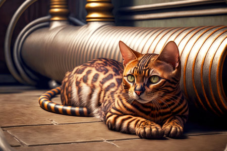 a beautiful spotted cute kitten on heating radiator lies snuggled up with its skin