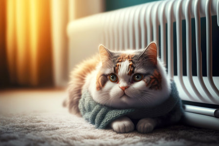 thick-cheeked white-red cute kitten on heating radiator warmed up and satisfiedの写真素材