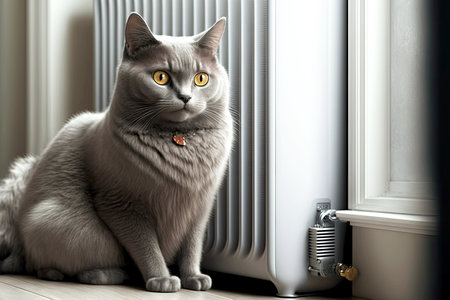 beautiful domestic gray cute kitten on heating radiator sits quietlyの写真素材