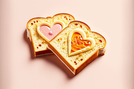 heart-to-heart snack in form of cute toast with ham and cheeseの写真素材