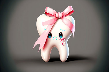 baby tooth with pink ribbon cute toothの写真素材