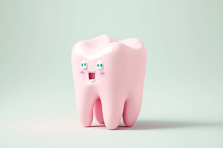 chattering cute tooth with pink gum on light background