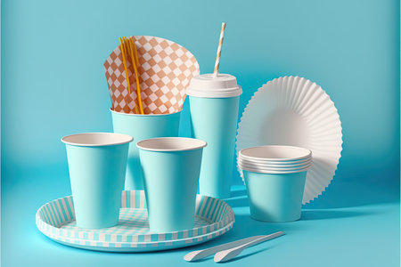 set of tableware for picnic with dishes cups napkins disposable paper tableware on blue backgroundの写真素材