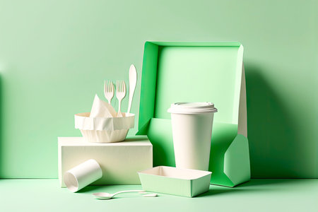 all-white package of disposable paper tableware on light green backgroundの写真素材