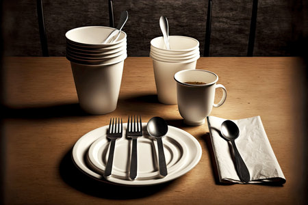 restaurant table with disposable plastic tableware coffee cups forks and spoons