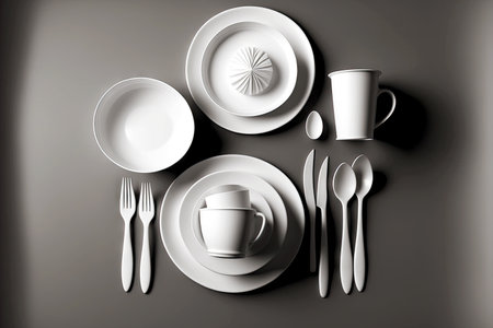 disposable plastic tableware flat white dishes on grey background