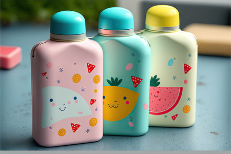 childrens colorful drinking flasks for school children with milk and snacks