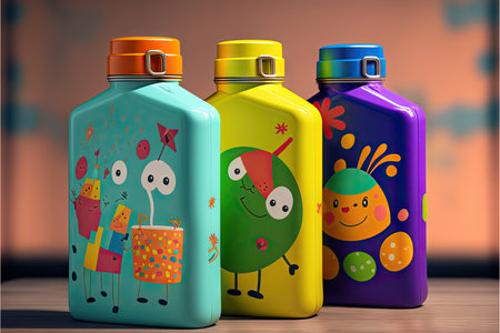 childrens colorful drinking flasks for school children with milk and snacksの写真素材
